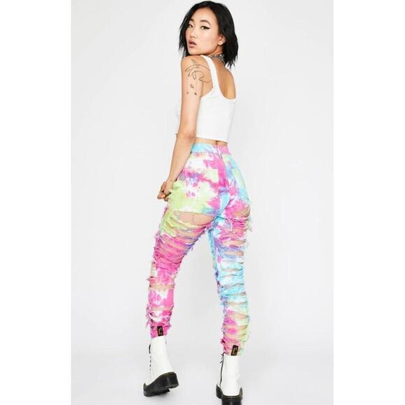 Hot & Delicious Denim - HOT & DELICIOUS Rainbow Size Blue Multi Destroyed Jeans NWT #Z